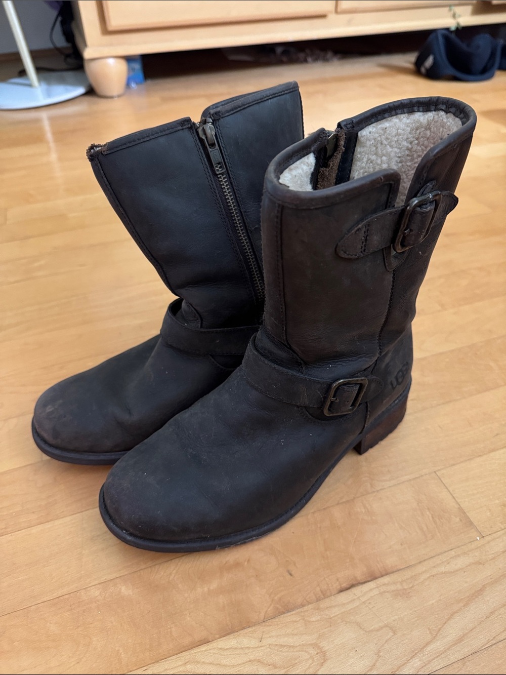 UGG Dark Brown Shearling-Lined Nubuck Mid-Calf Heeled Boots